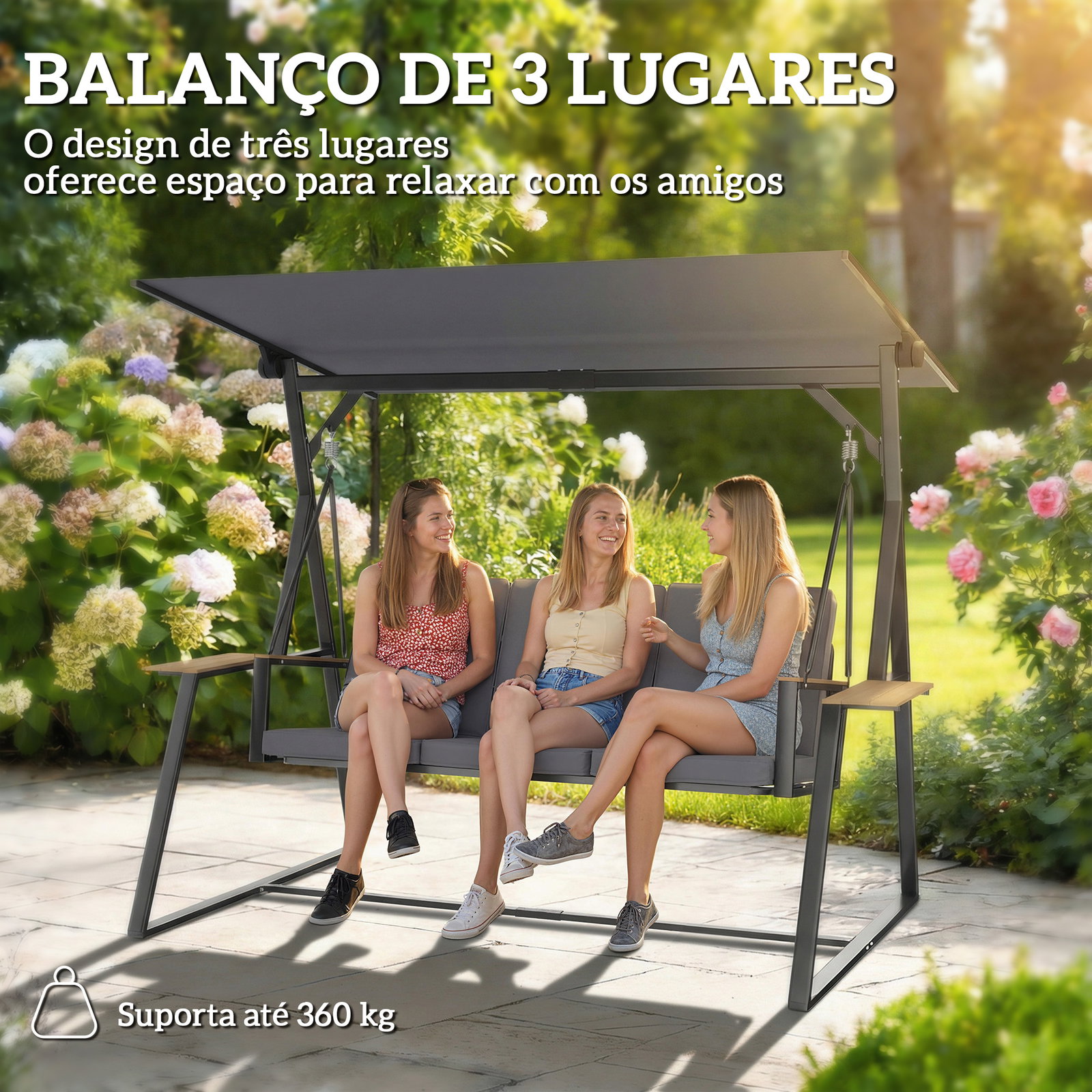Baloiço de jardim de 3 lugares com teto ajustável upf50+ 2 bandejas almofadas e estrutura em metal 222x131x175 cm cinza
