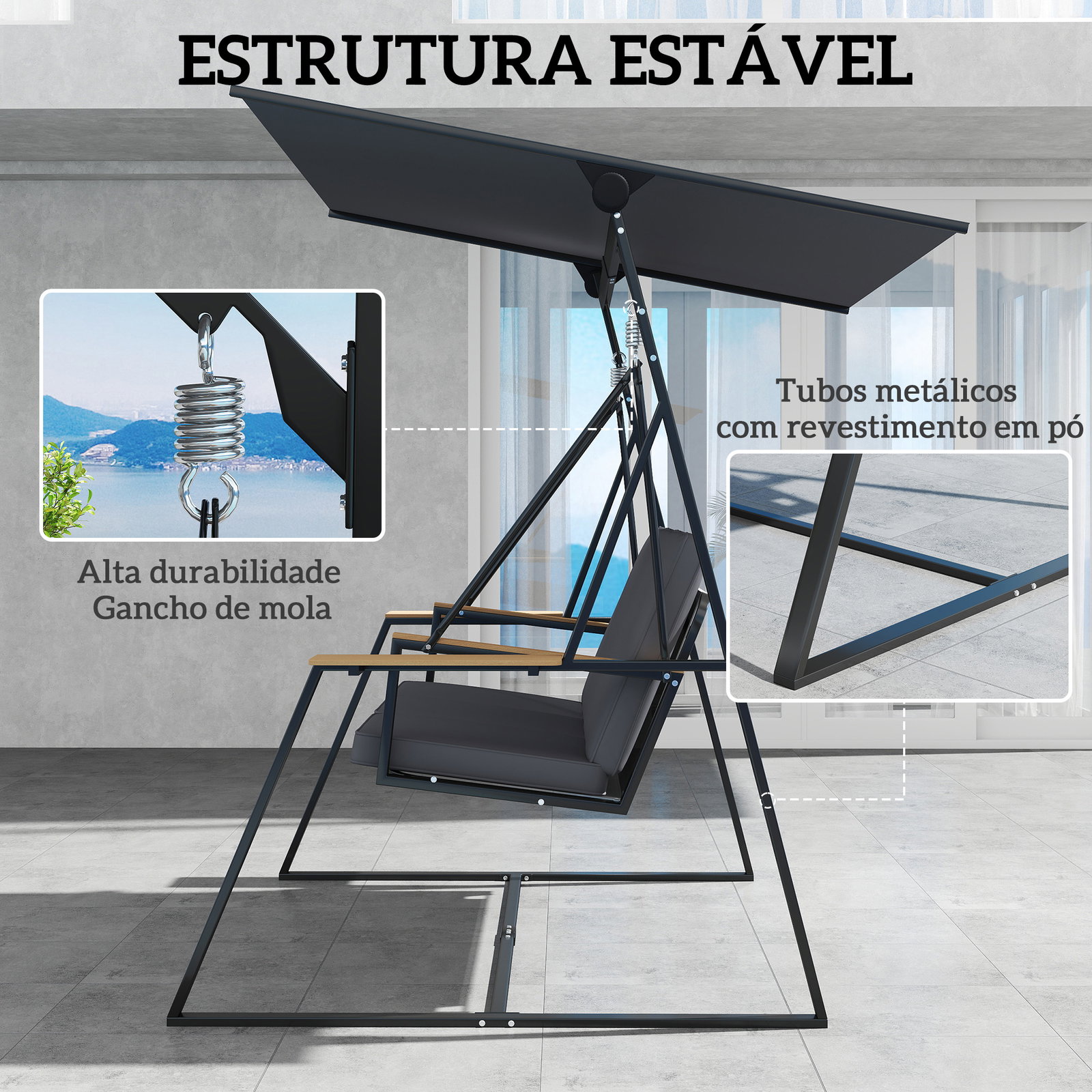 Baloiço de jardim de 3 lugares com teto ajustável upf50+ 2 bandejas almofadas e estrutura em metal 222x131x175 cm cinza