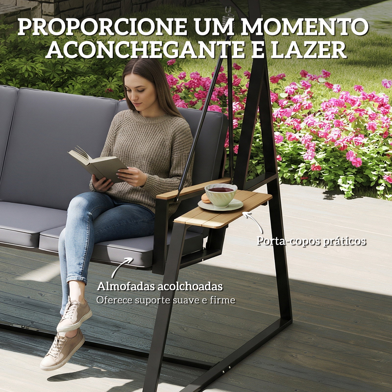Baloiço de jardim de 3 lugares com teto ajustável upf50+ 2 bandejas almofadas e estrutura em metal 222x131x175 cm cinza