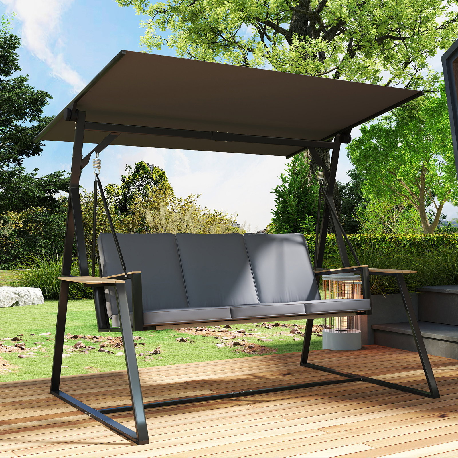 Baloiço de jardim de 3 lugares com teto ajustável upf50+ 2 bandejas almofadas e estrutura em metal 222x131x175 cm cinza