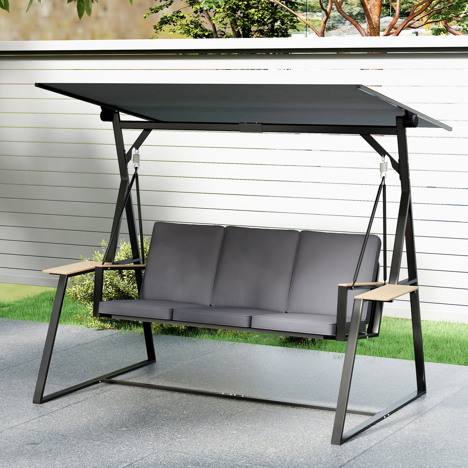 Baloiço de jardim de 3 lugares com teto ajustável upf50+ 2 bandejas almofadas e estrutura em metal 222x131x175 cm cinza