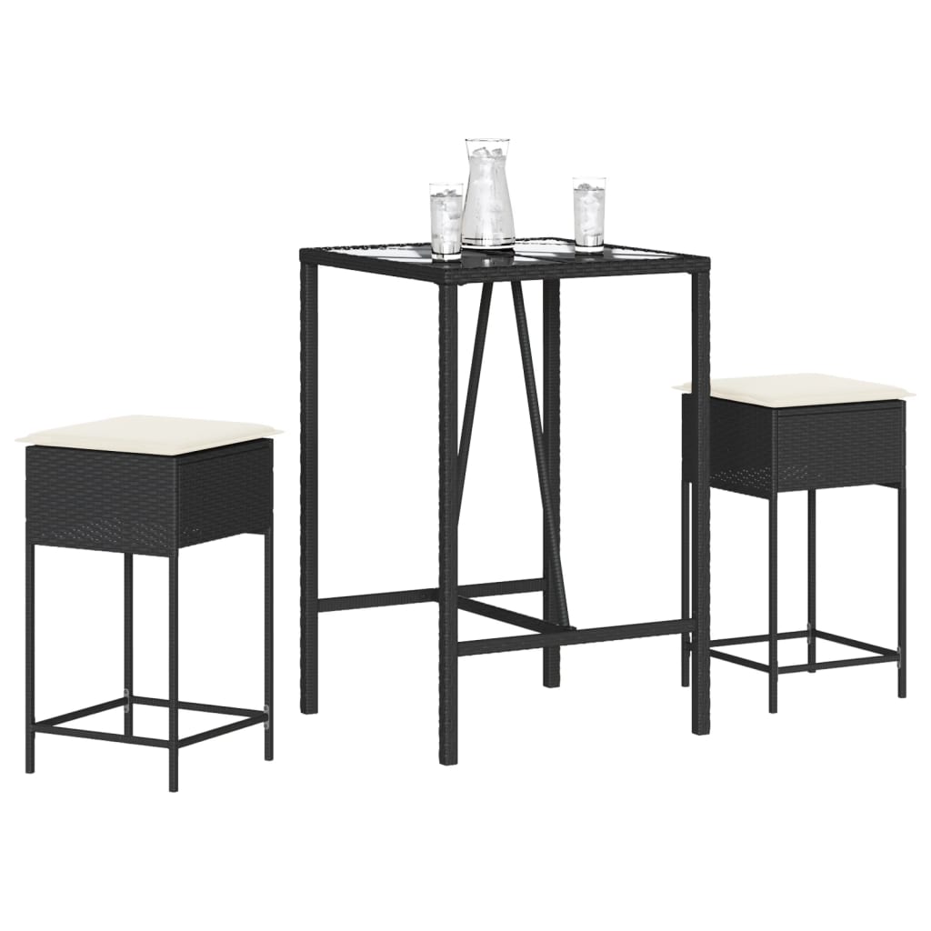 3 Pcs conjunto de bar para jardim c/ almofadões vime PE preto