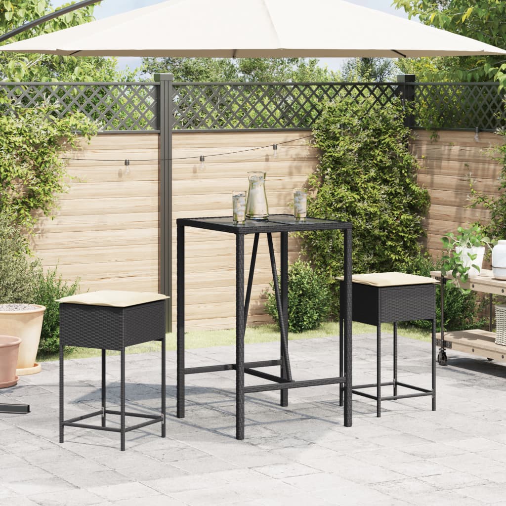 3 Pcs conjunto de bar para jardim c/ almofadões vime PE preto