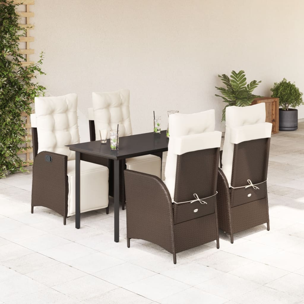 5 Pcs conjunto jantar p/ jardim c/ almofadões vime PE castanho