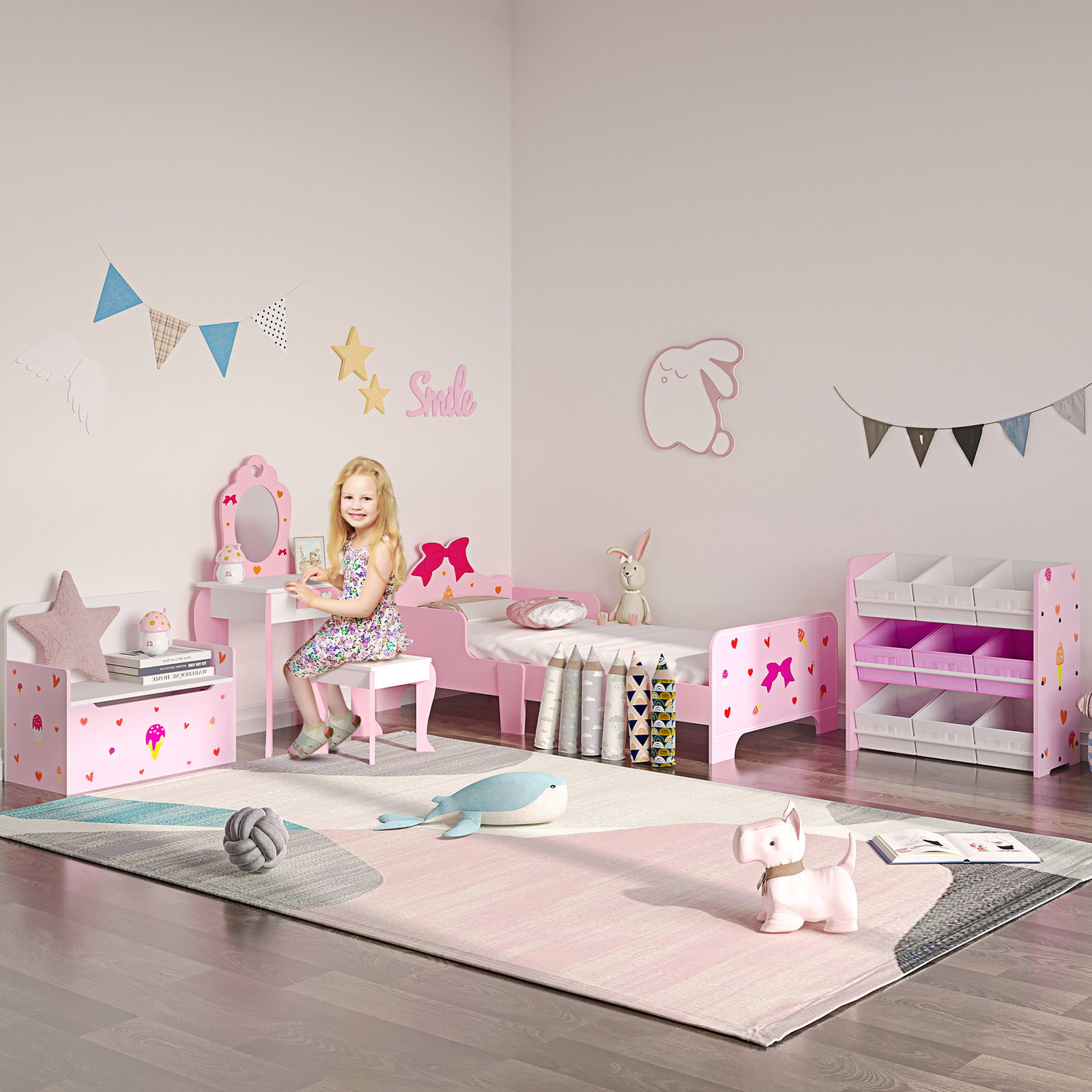 Toucador infantil de madeira com banco espelho e gaveta mesa de maquilhagem para crianças entre 3-6 anos 50x36,5x89,5cm rosa
