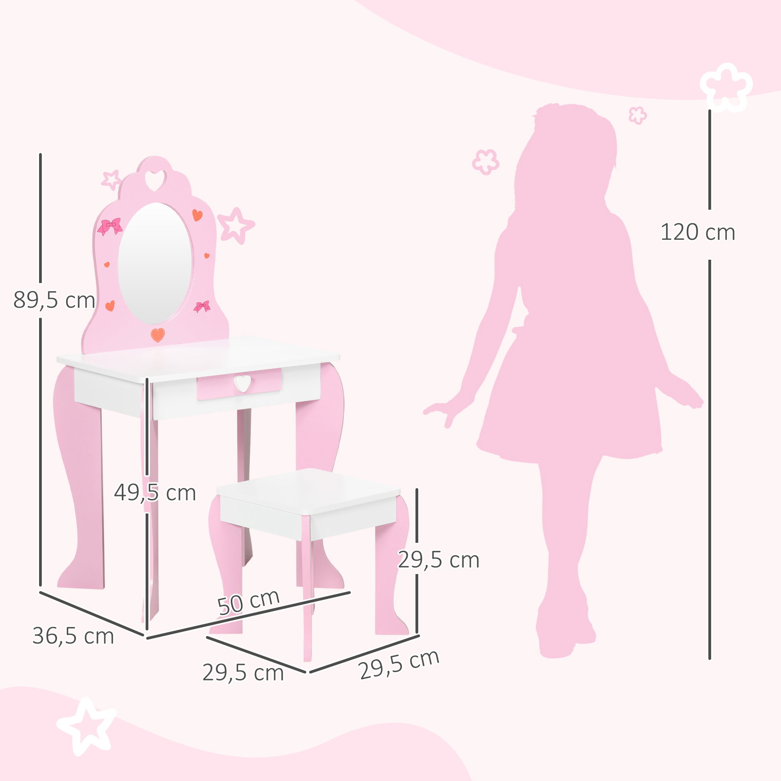 Toucador infantil de madeira com banco espelho e gaveta mesa de maquilhagem para crianças entre 3-6 anos 50x36,5x89,5cm rosa