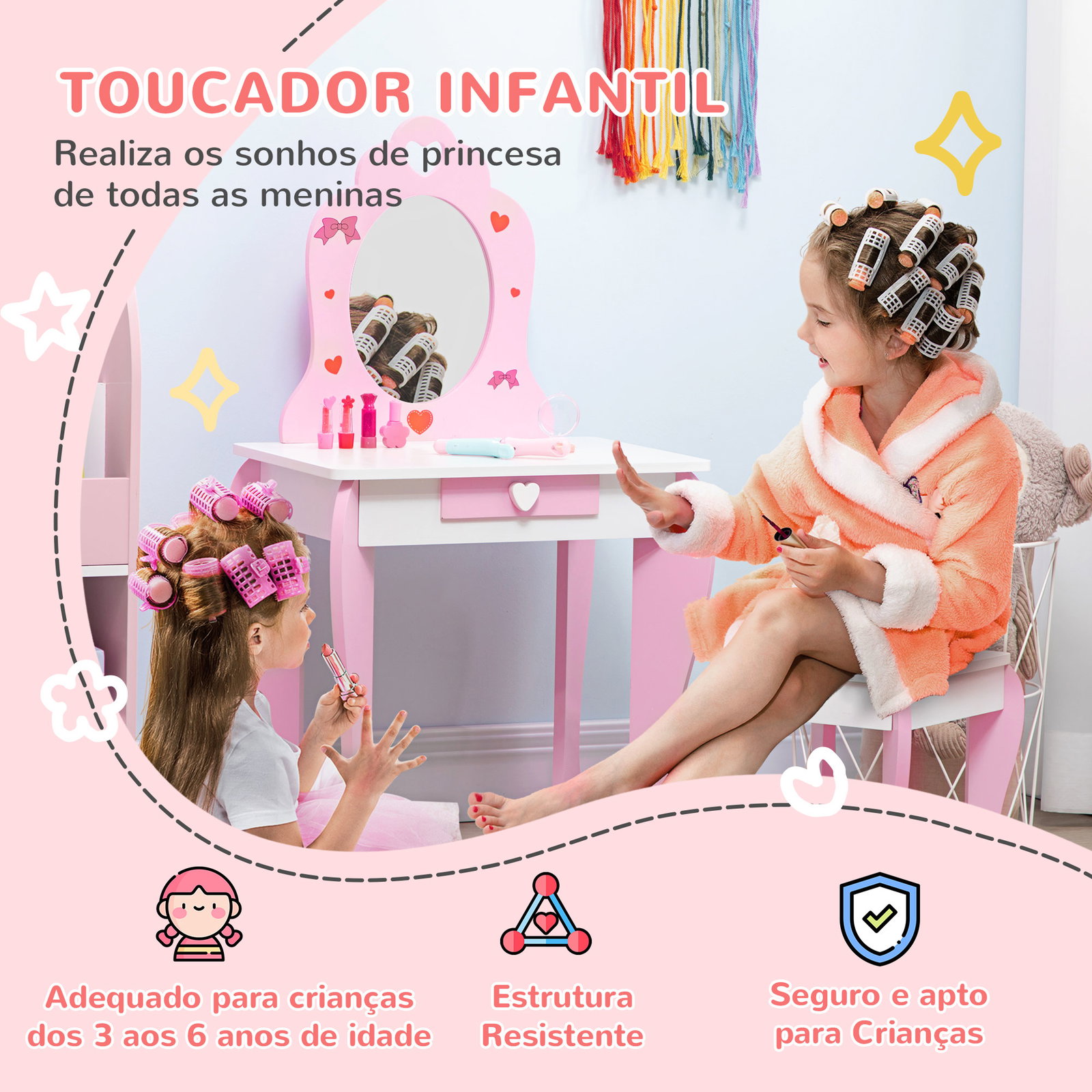 Toucador infantil de madeira com banco espelho e gaveta mesa de maquilhagem para crianças entre 3-6 anos 50x36,5x89,5cm rosa