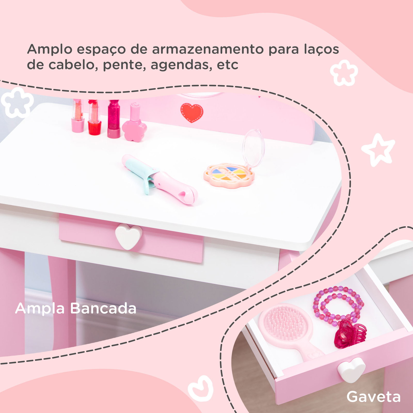 Toucador infantil de madeira com banco espelho e gaveta mesa de maquilhagem para crianças entre 3-6 anos 50x36,5x89,5cm rosa