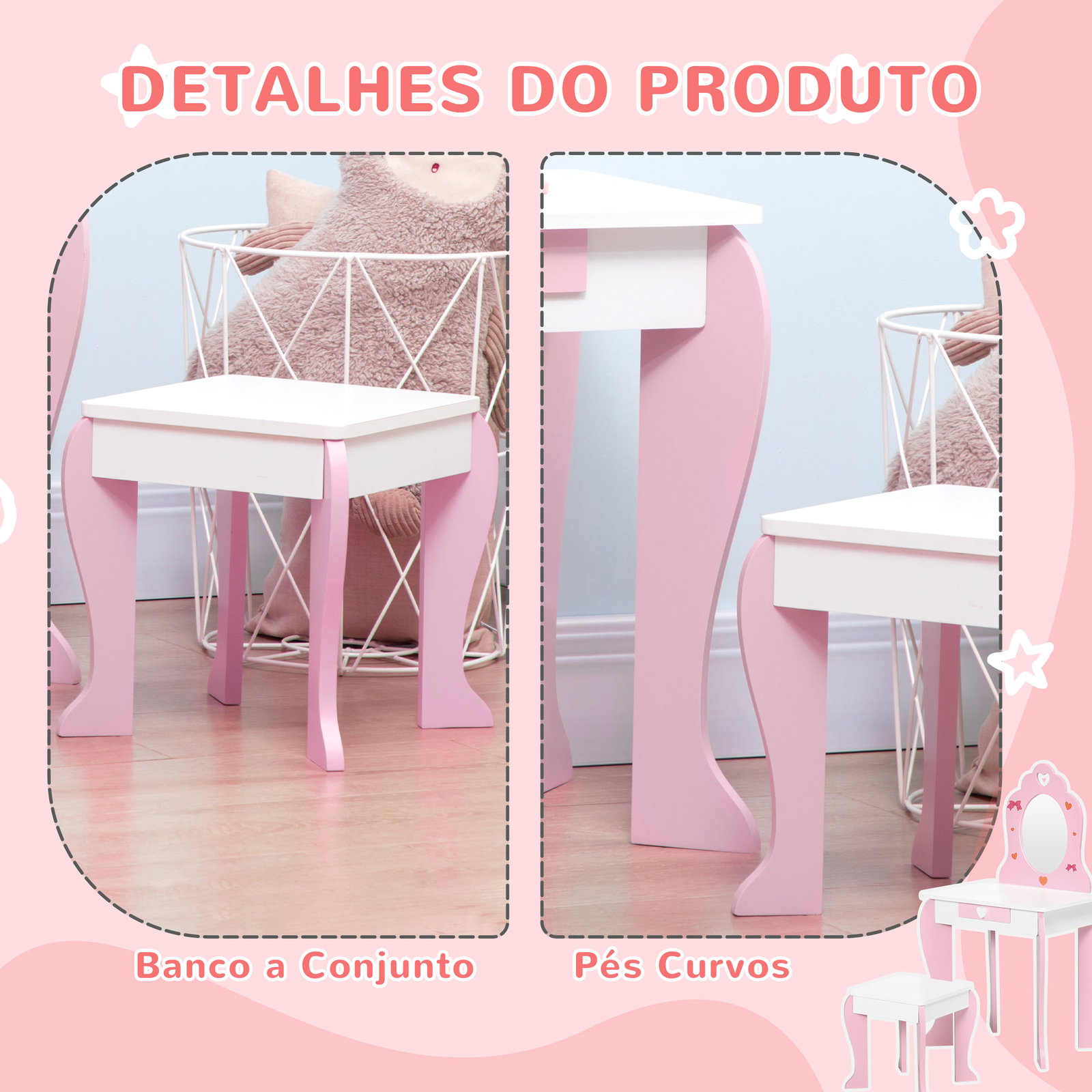 Toucador infantil de madeira com banco espelho e gaveta mesa de maquilhagem para crianças entre 3-6 anos 50x36,5x89,5cm rosa