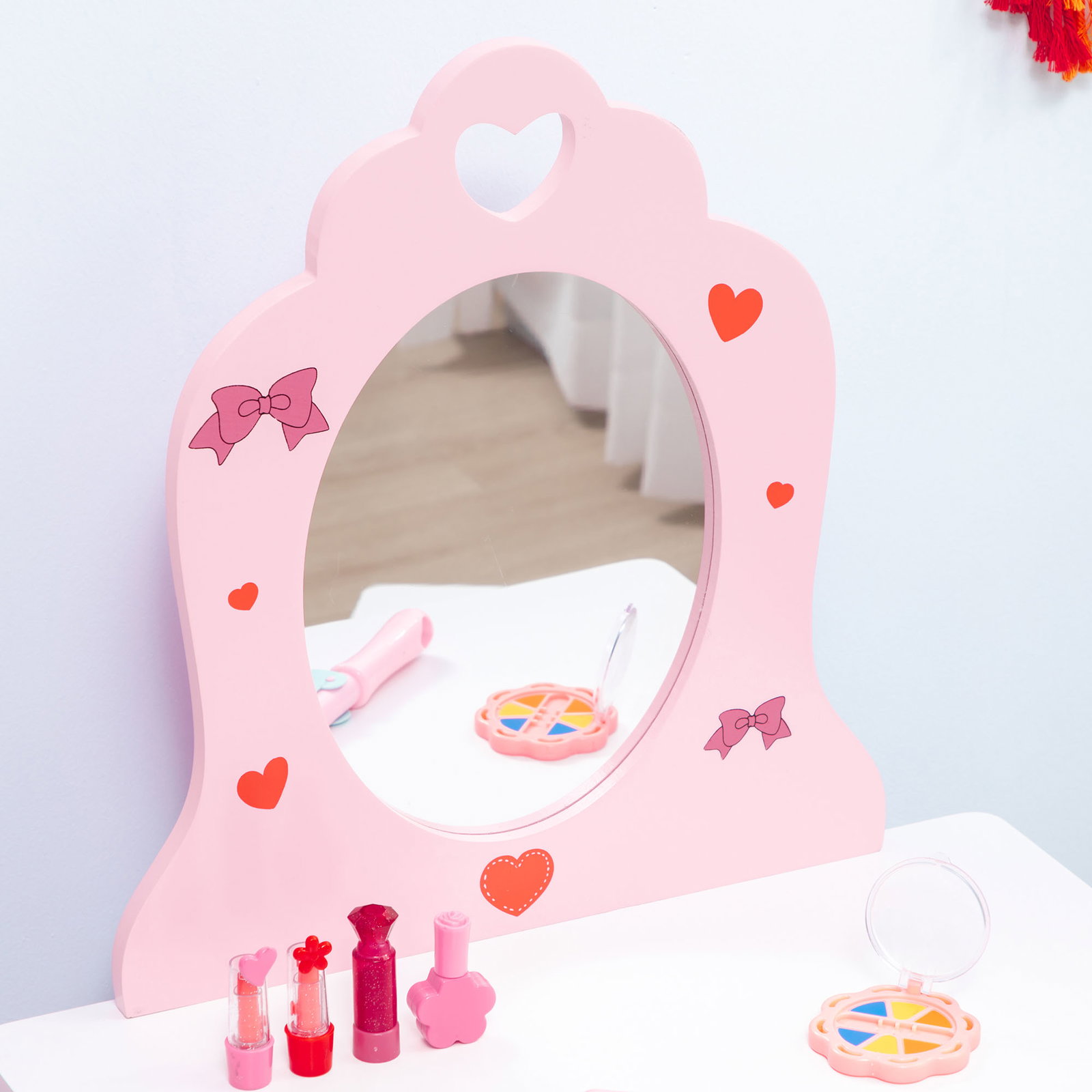 Toucador infantil de madeira com banco espelho e gaveta mesa de maquilhagem para crianças entre 3-6 anos 50x36,5x89,5cm rosa