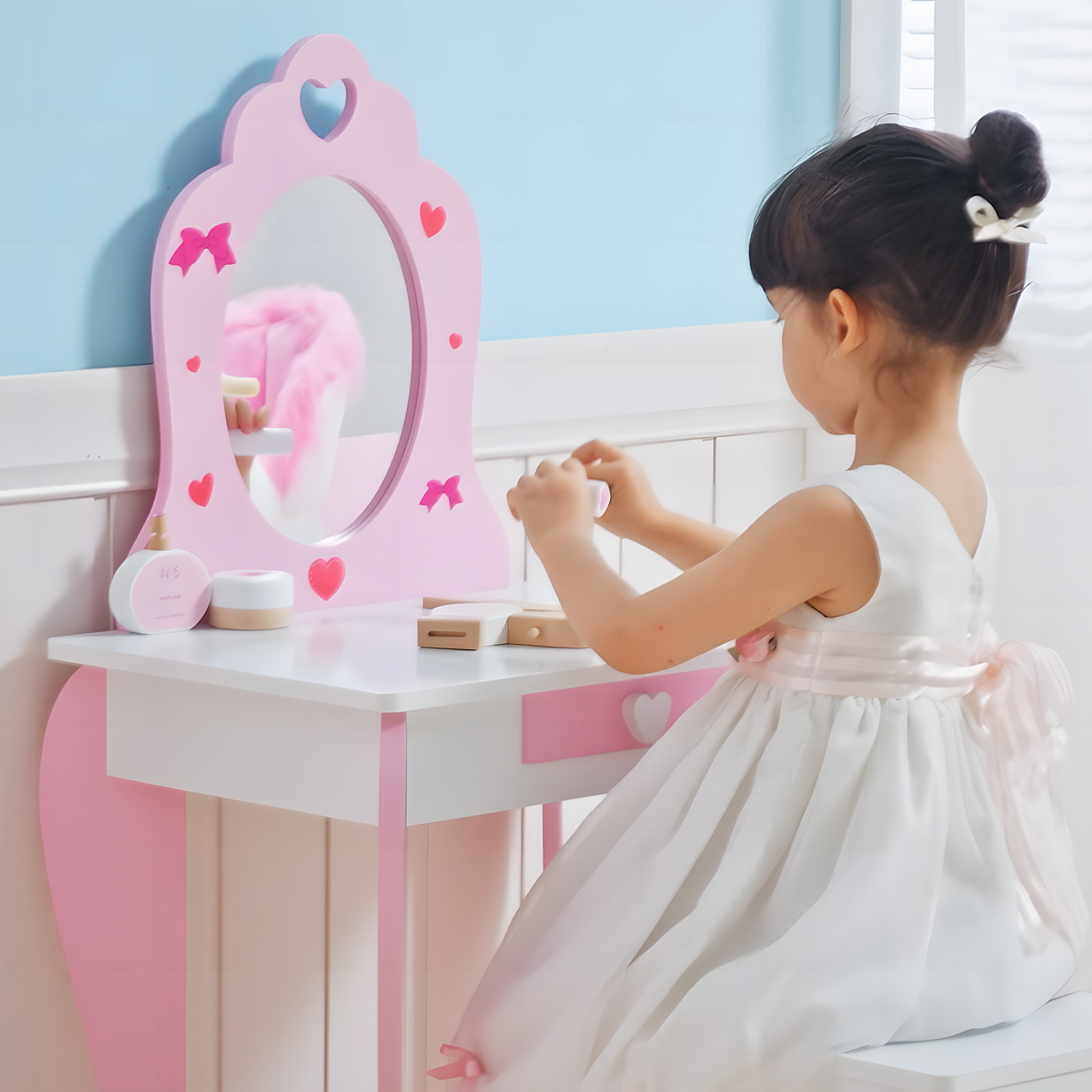 Toucador infantil de madeira com banco espelho e gaveta mesa de maquilhagem para crianças entre 3-6 anos 50x36,5x89,5cm rosa