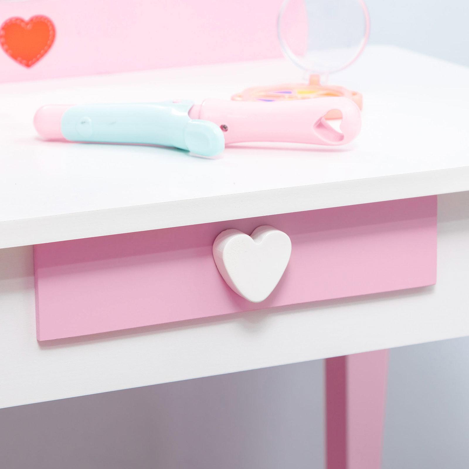 Toucador infantil de madeira com banco espelho e gaveta mesa de maquilhagem para crianças entre 3-6 anos 50x36,5x89,5cm rosa