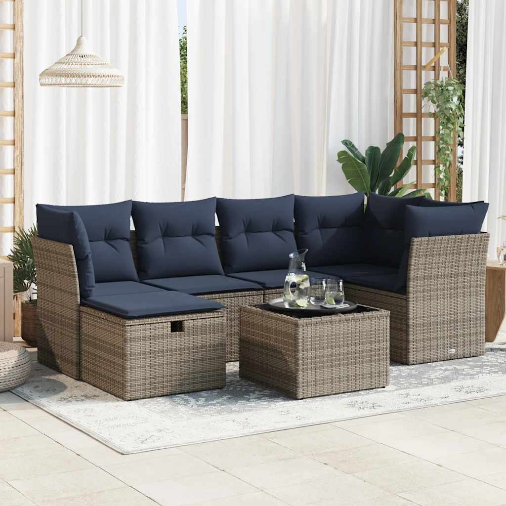 7 Pcs conjunto sofás p/ jardim c/ almofadões vime PE cinzento