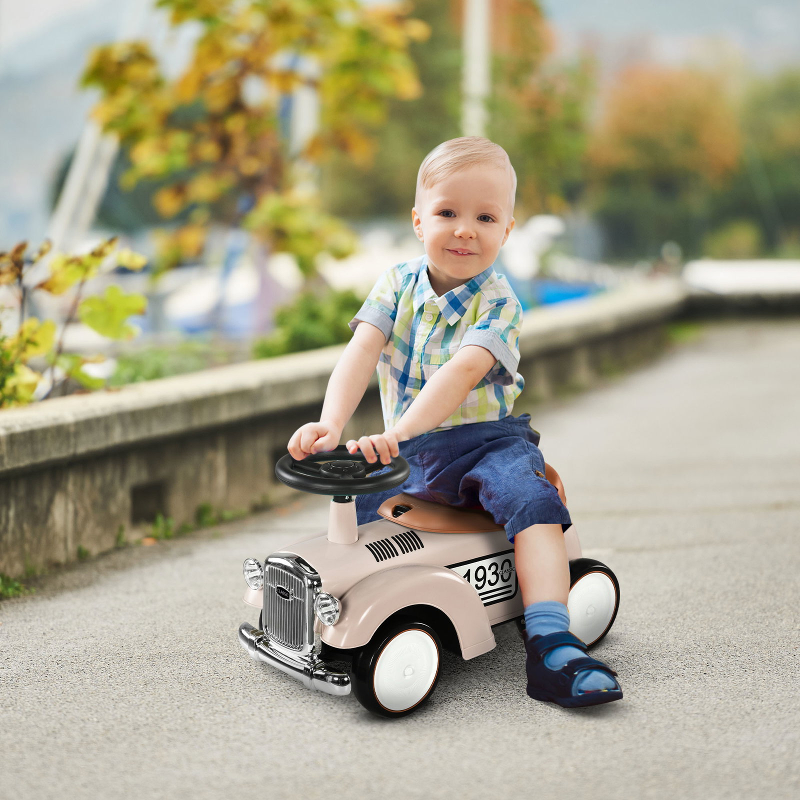Carro andador para bebé de 12 a 36 meses com buzina compartimento de armazenamento e volante 58x27x35 cm creme