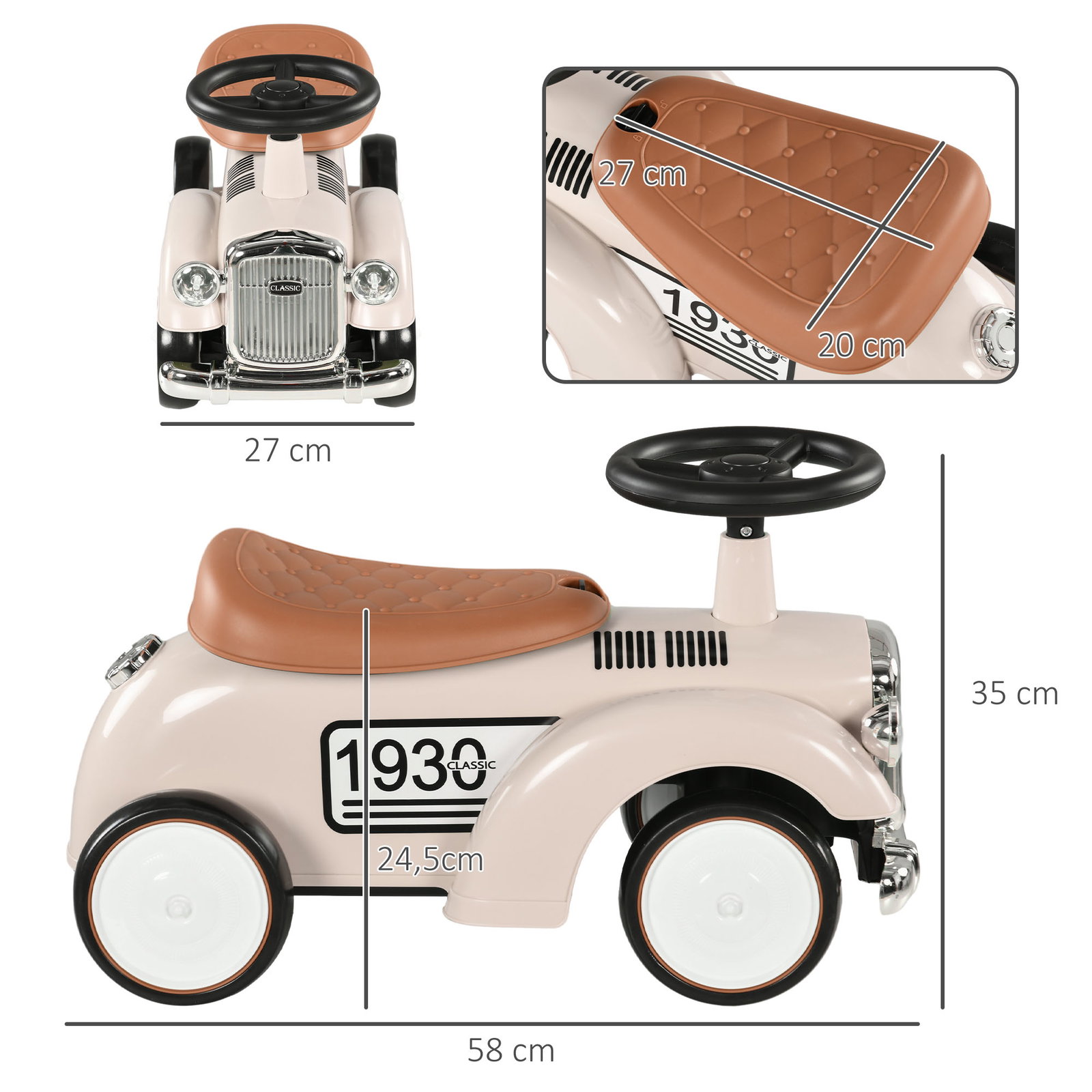 Carro andador para bebé de 12 a 36 meses com buzina compartimento de armazenamento e volante 58x27x35 cm creme