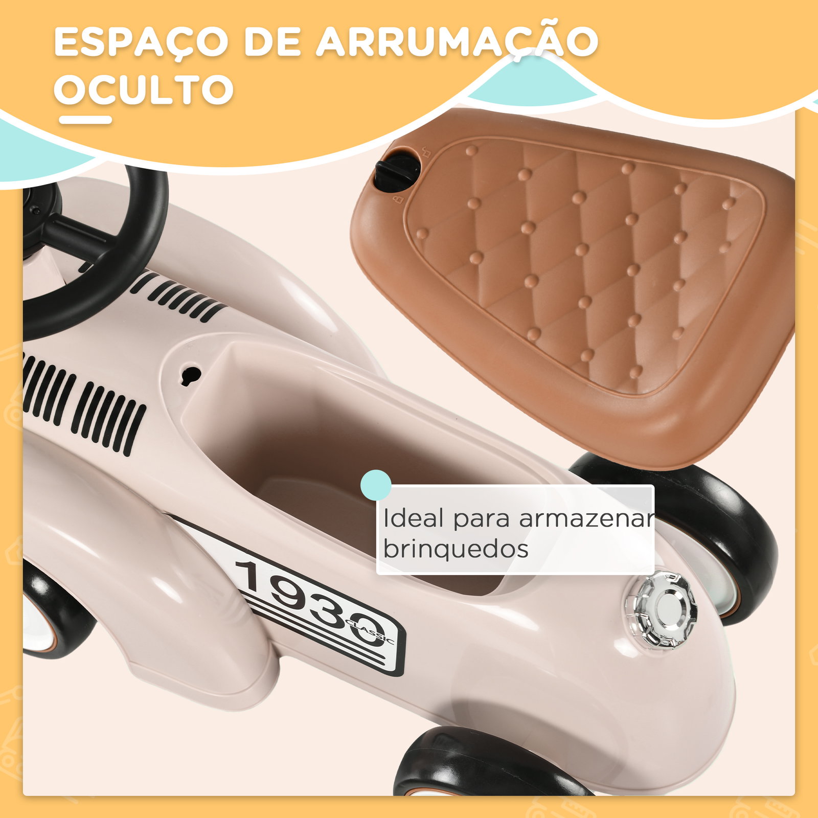 Carro andador para bebé de 12 a 36 meses com buzina compartimento de armazenamento e volante 58x27x35 cm creme