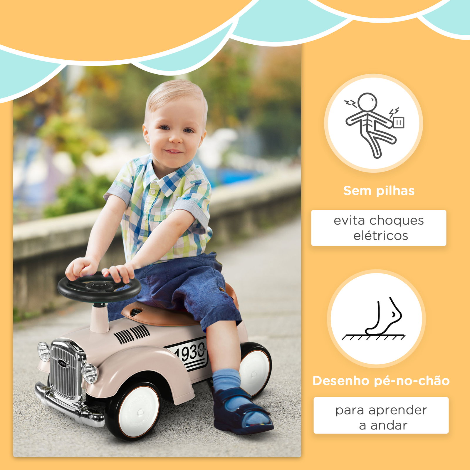 Carro andador para bebé de 12 a 36 meses com buzina compartimento de armazenamento e volante 58x27x35 cm creme