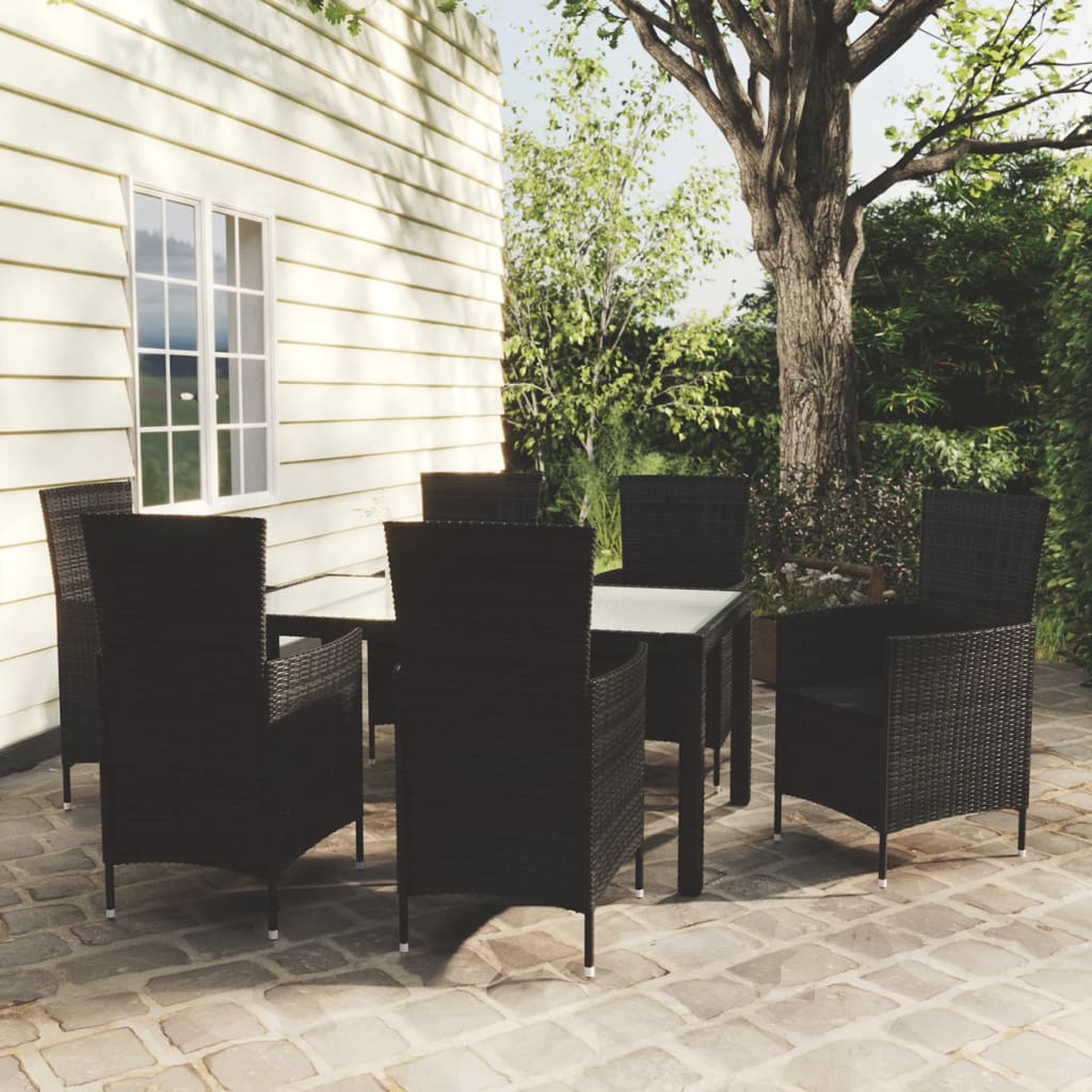 7 Pcs conjunto jantar exterior com almofadões vime PE preto