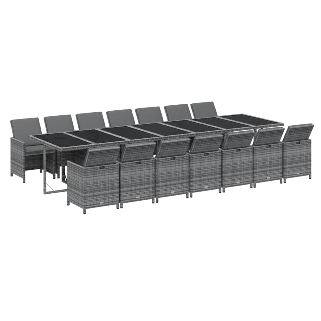 15 Pcs conjunto jantar p/ jardim c/ almofadões vime PE cinzento