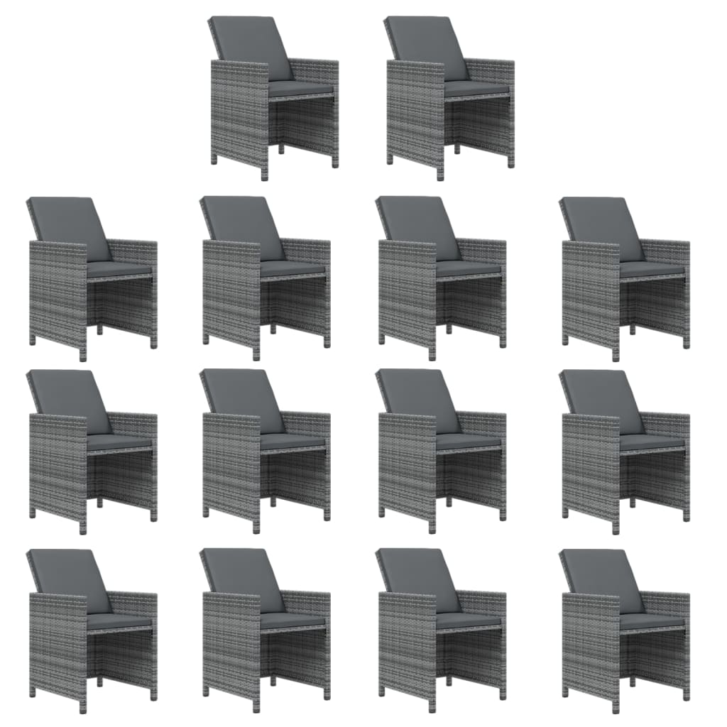 15 Pcs conjunto jantar p/ jardim c/ almofadões vime PE cinzento