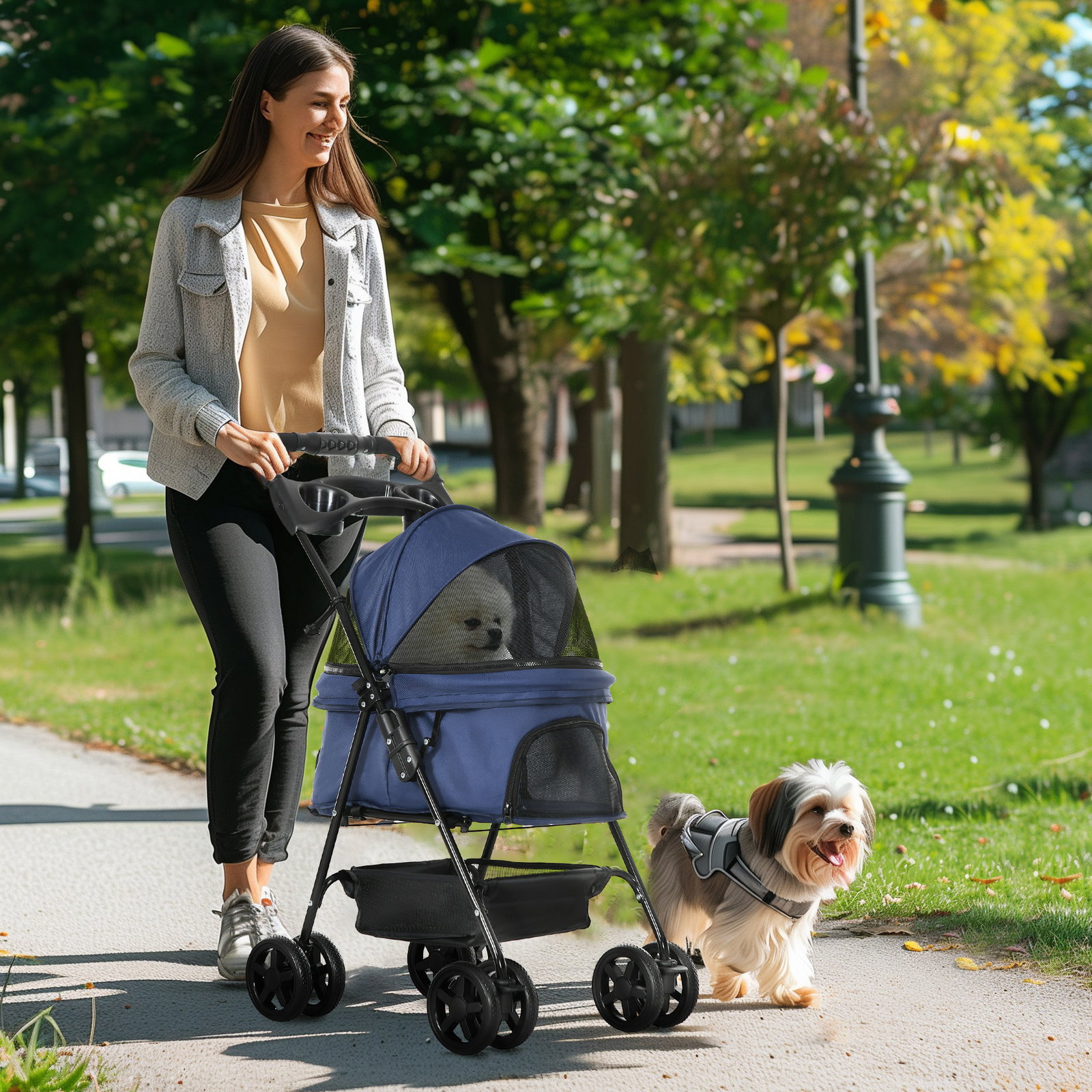 Carrinho para cães dobrável com rodas cesta de armazenamento correias de segurança e janelas 67x45x96 cm azul escuro