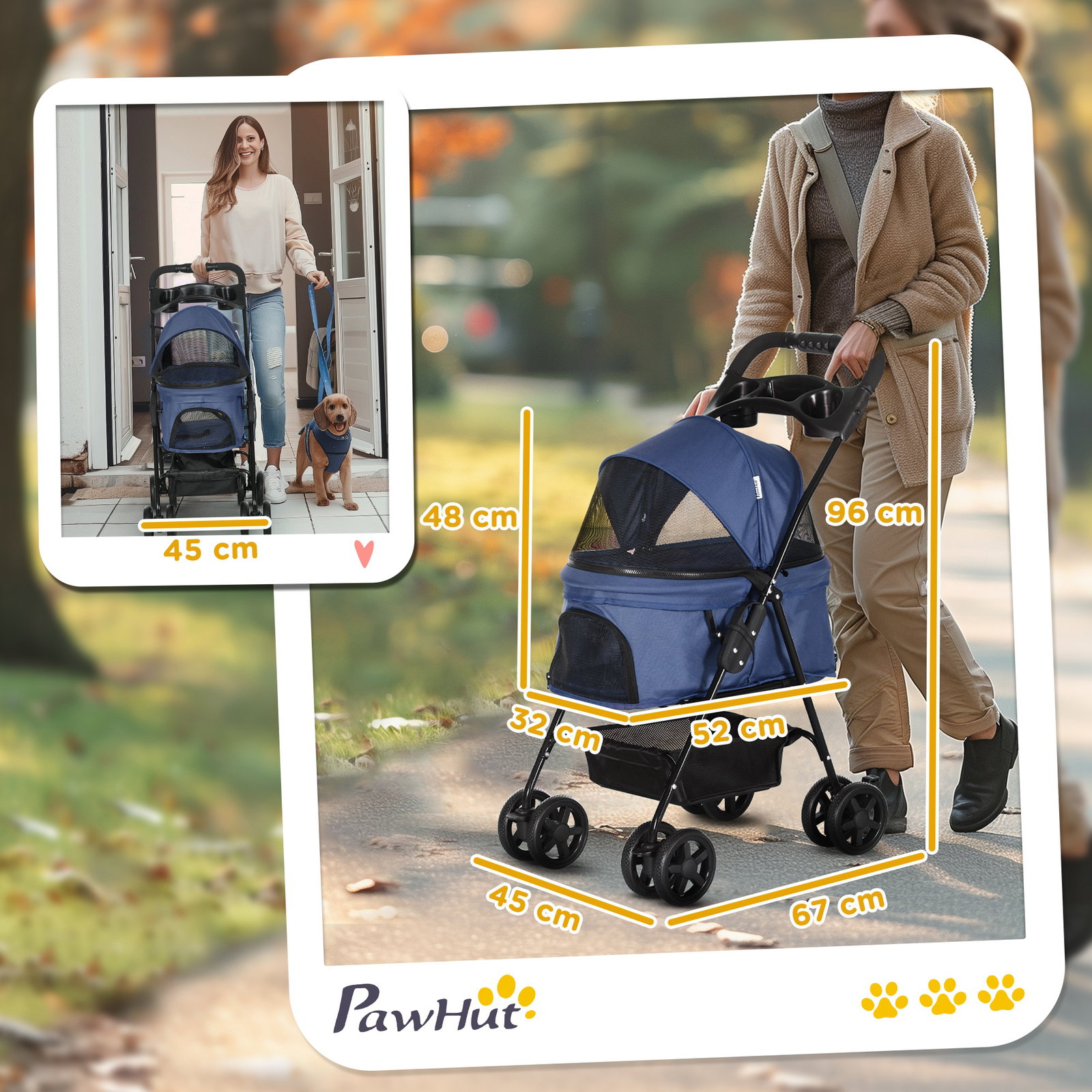 Carrinho para cães dobrável com rodas cesta de armazenamento correias de segurança e janelas 67x45x96 cm azul escuro