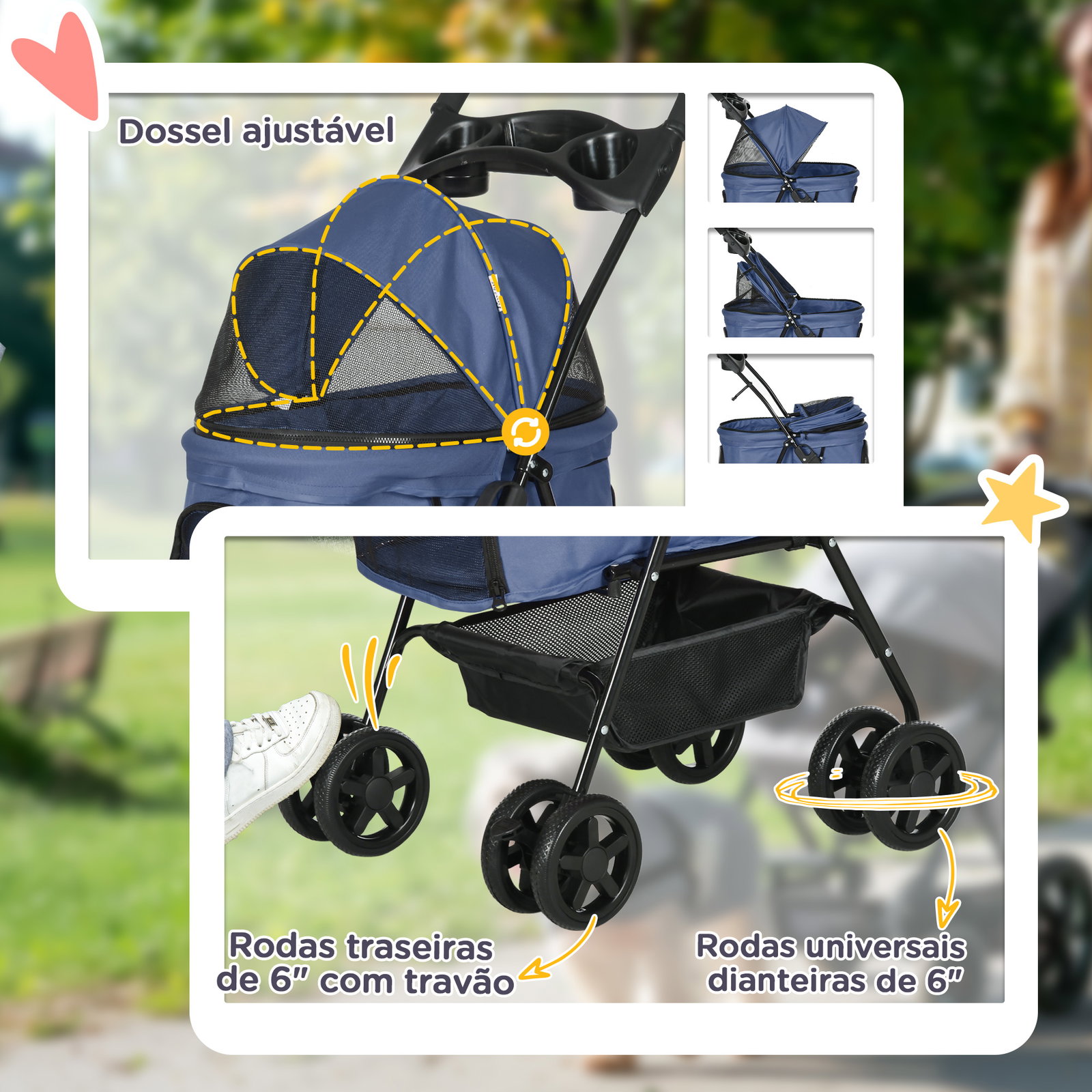 Carrinho para cães dobrável com rodas cesta de armazenamento correias de segurança e janelas 67x45x96 cm azul escuro