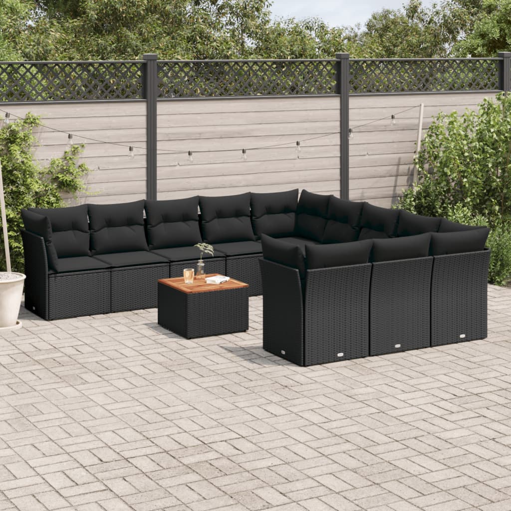12 Pcs conjunto de sofás de jardim c/ almofadões vime PE preto