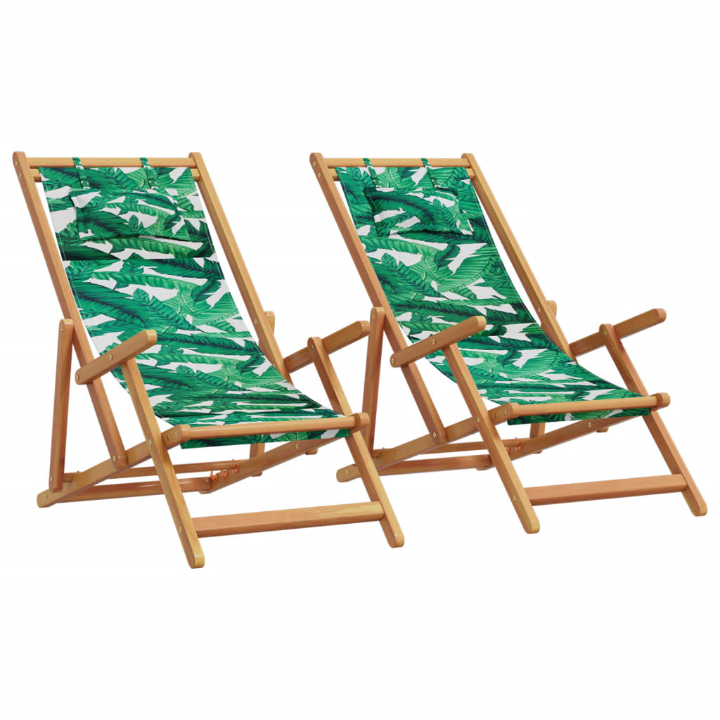 Cadeiras de praia dobráveis 2 pcs tecido/madeira padrão folhas