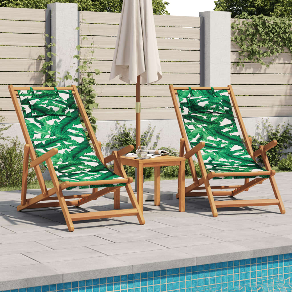 Cadeiras de praia dobráveis 2 pcs tecido/madeira padrão folhas