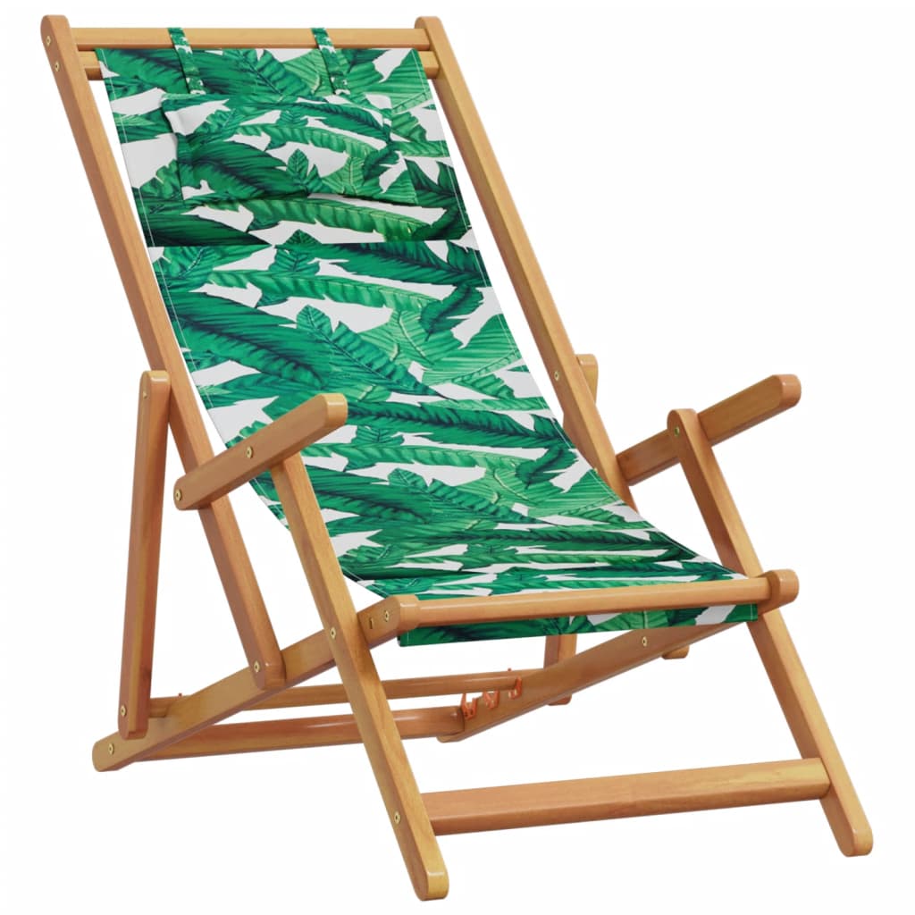 Cadeiras de praia dobráveis 2 pcs tecido/madeira padrão folhas
