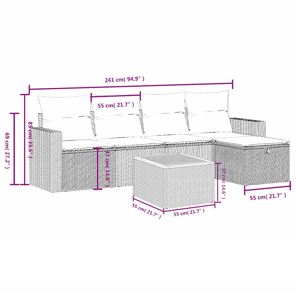 Conjunto de sofá de jardim com 6 peças e almofadas em rattan sintético cinza