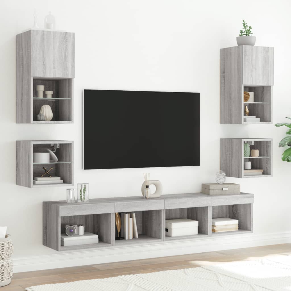 8 Pcs móveis parede p/ TV c/ leds deriv. madeira cinza sonoma