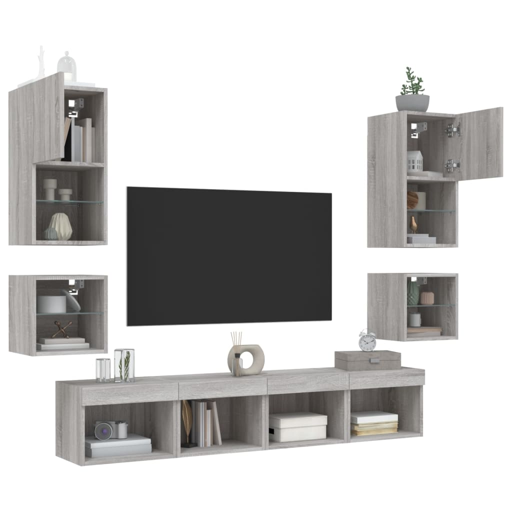 8 Pcs móveis parede p/ TV c/ leds deriv. madeira cinza sonoma