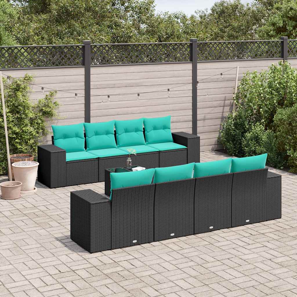 Conjunto de sofá de jardim de 9 peças com almofadas em rattan sintético preto