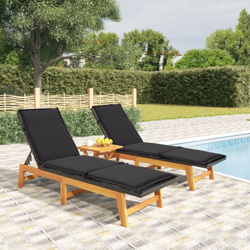 3 Pcs conjunto lounge para jardim vime PE e acácia maciça