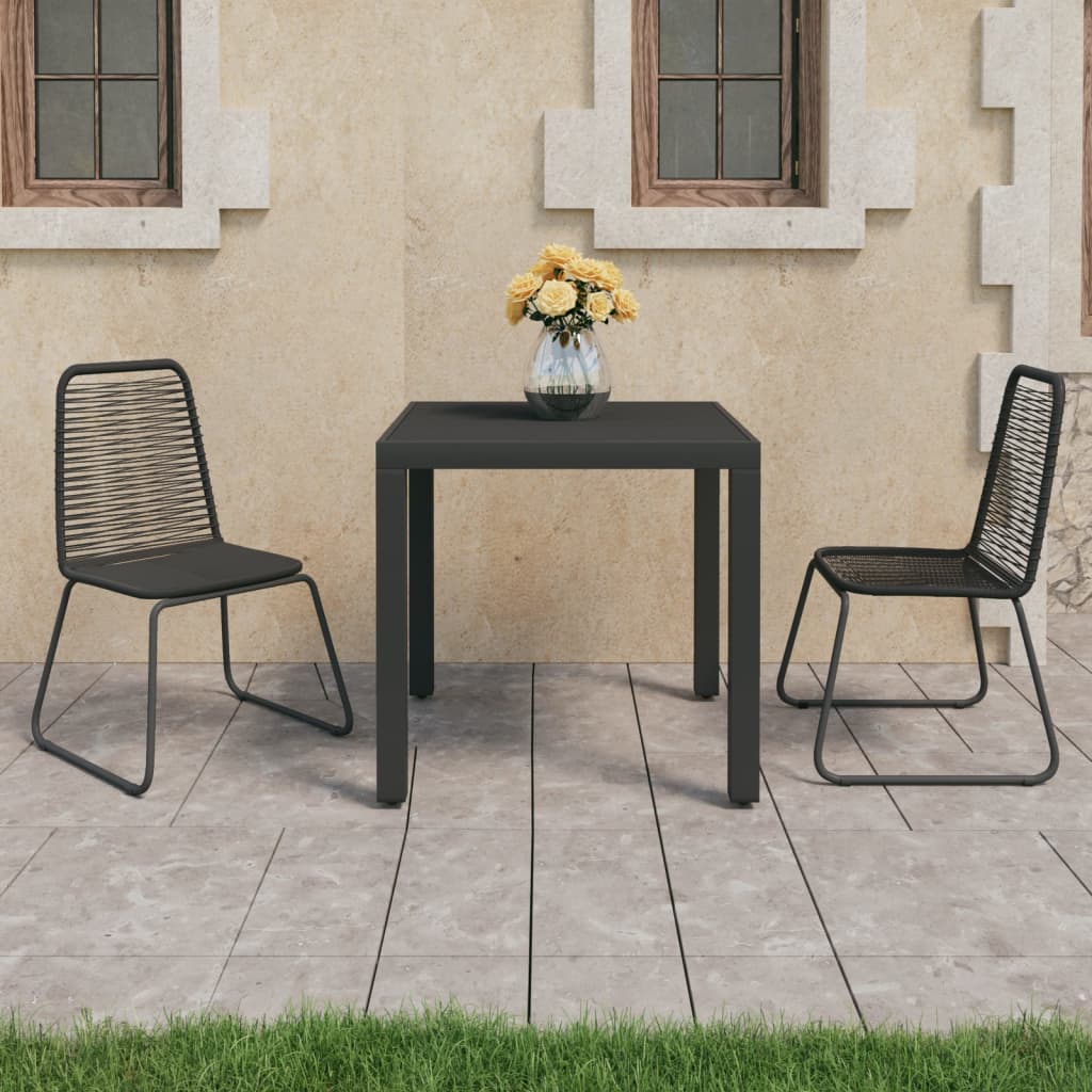 3 Pcs conjunto de jantar para jardim vime de PVC preto