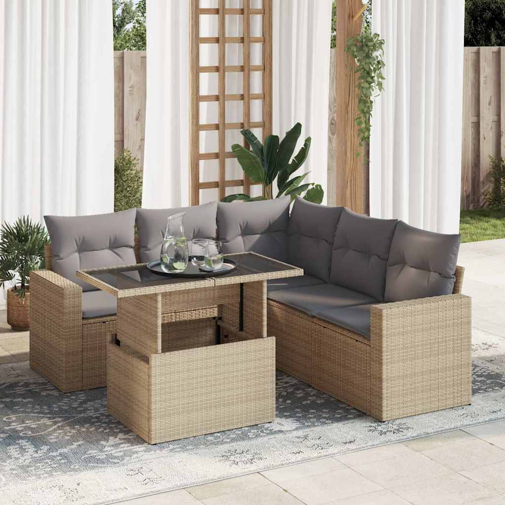 6 Pcs conjunto de sofás p/ jardim com almofadões vime PE bege