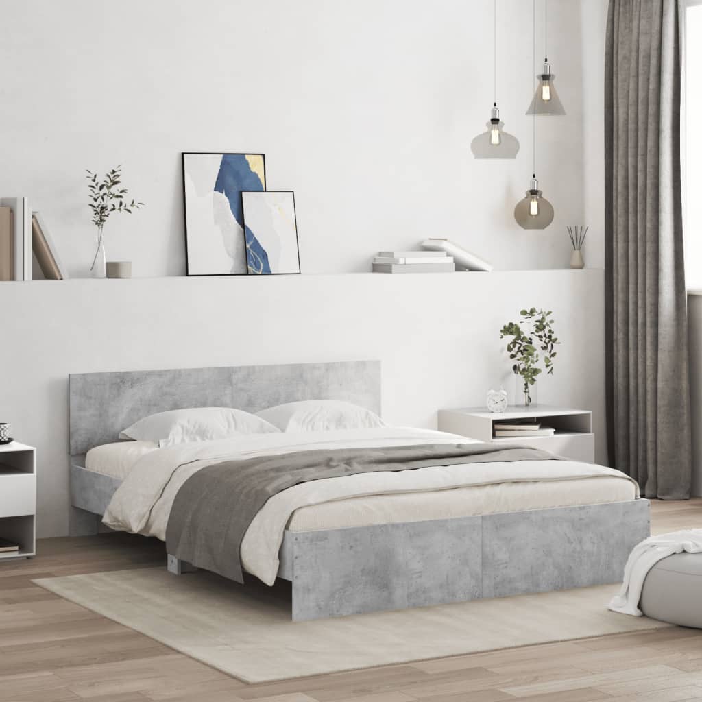 Estrutura cama cabeceira e luzes LED 160x200cm cinzento cimento