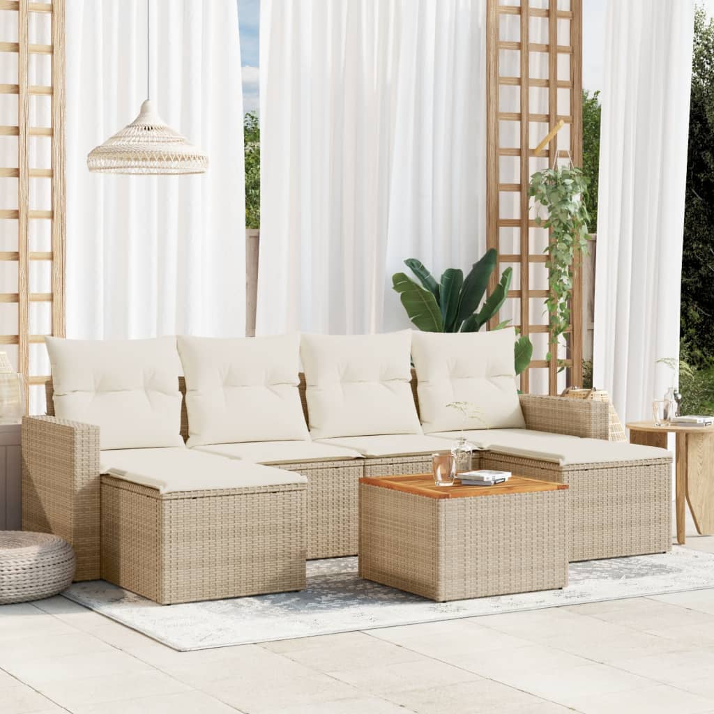 7 Pcs conjunto de sofás p/ jardim com almofadões vime PE bege