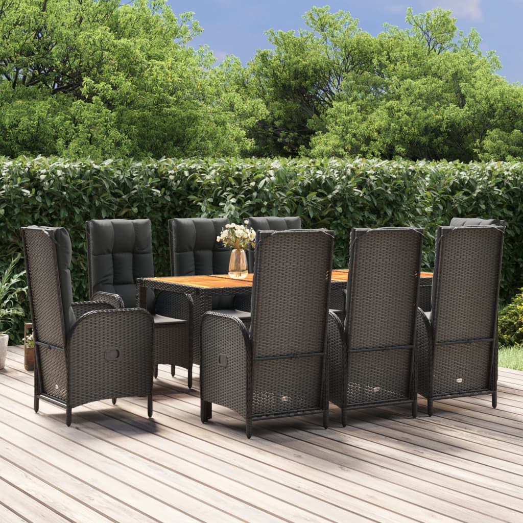 9 Pcs conjunto de jantar p/ jardim c/ almofadões vime PE preto