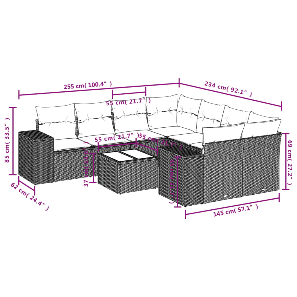 9 Pcs conjunto de sofás p/ jardim com almofadões vime PE bege
