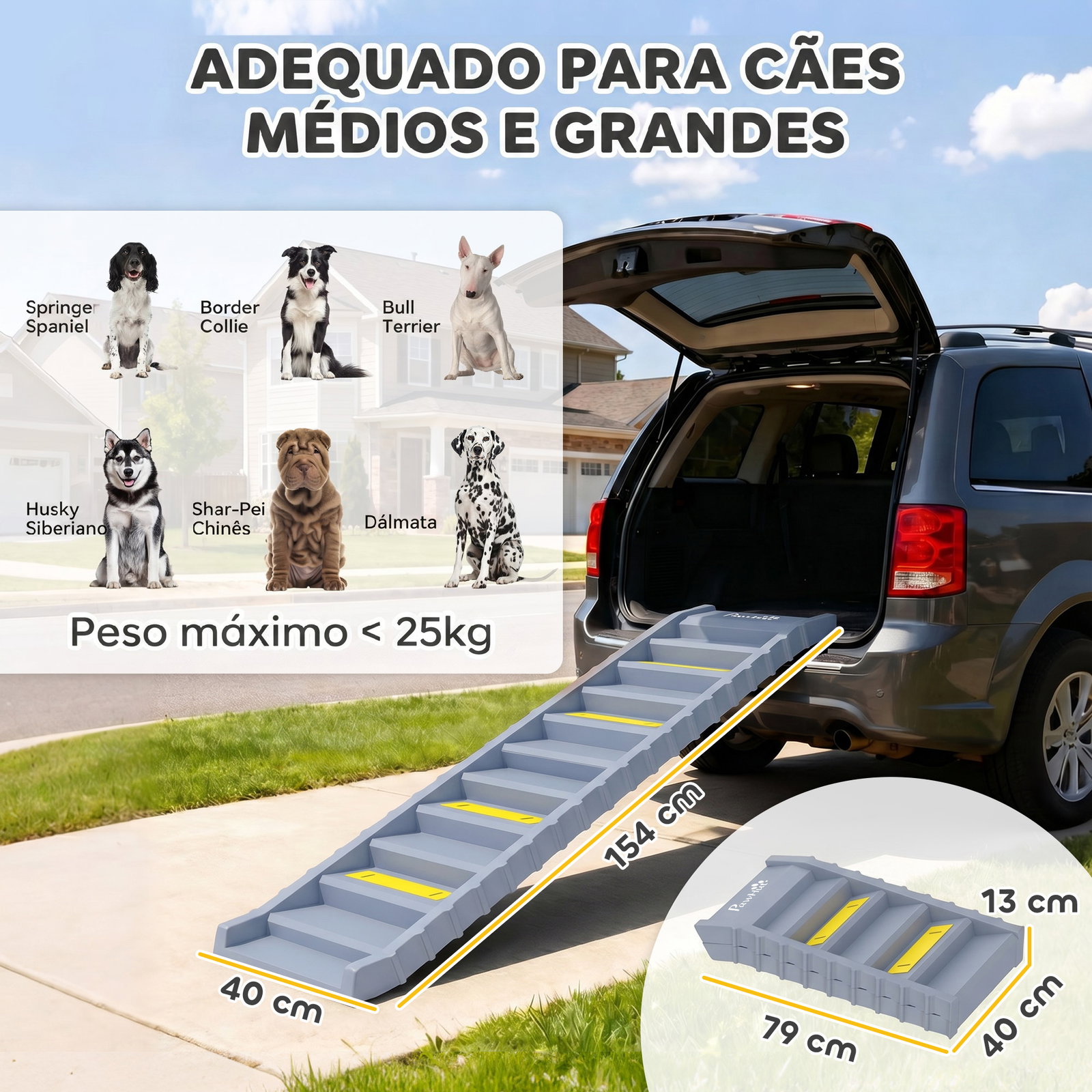 Rampa dobrável para cães 154 cm para carro e cama com 10 degraus antiderrapantes, até 68 kg, cinzento