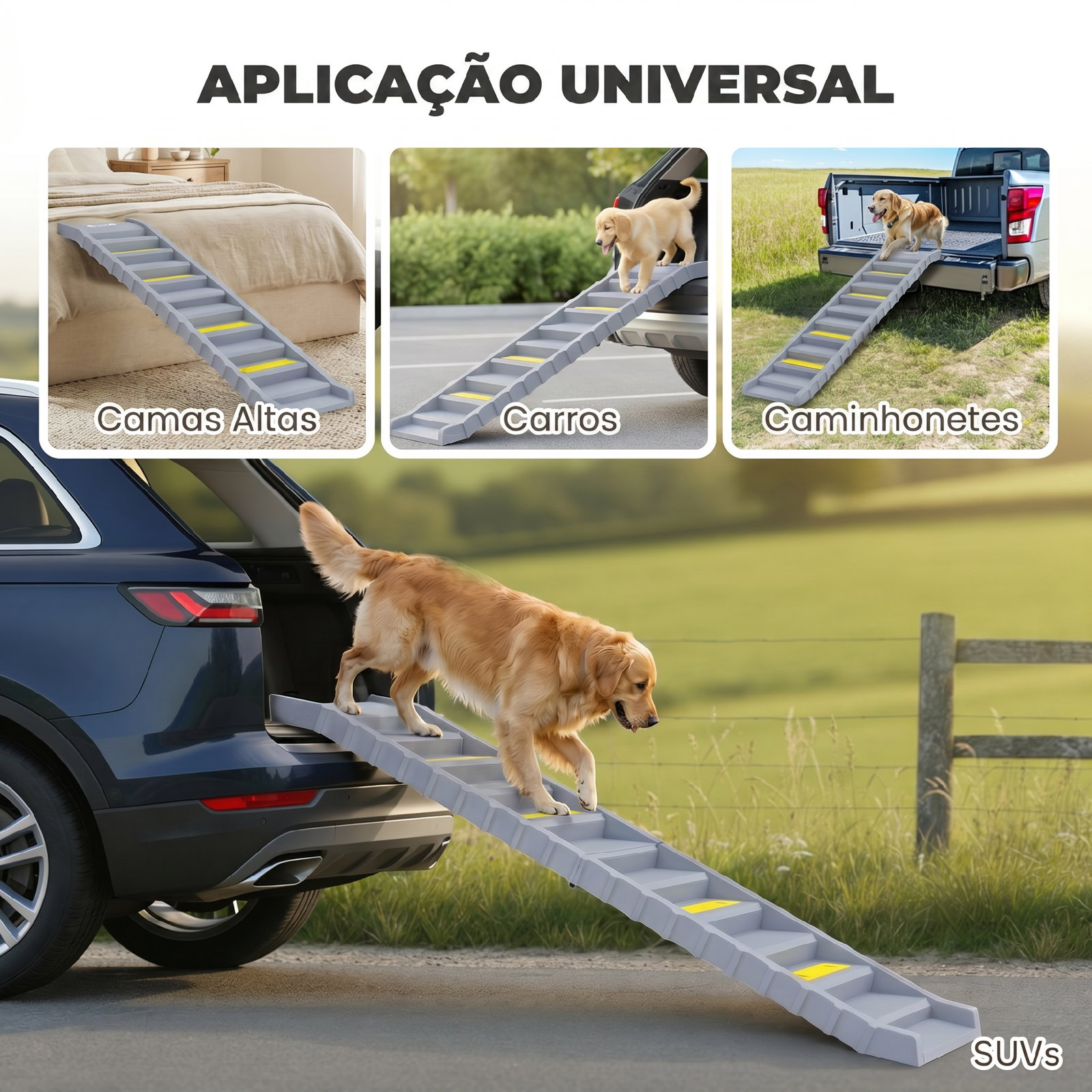 Rampa dobrável para cães 154 cm para carro e cama com 10 degraus antiderrapantes, até 68 kg, cinzento