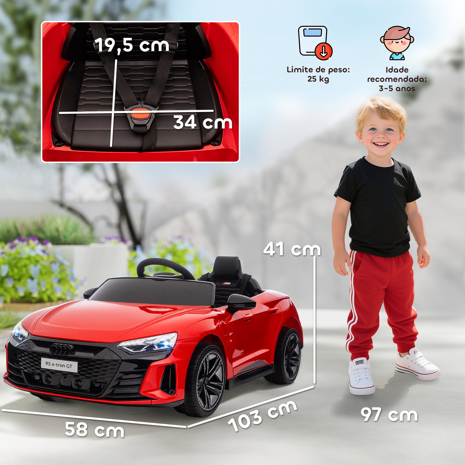 Carro elétrico audi rs e-tron gt 12v com 2 motores controlo remoto faróis LED buzina música USB 3-5km/h 103x58x41 cm vermelho