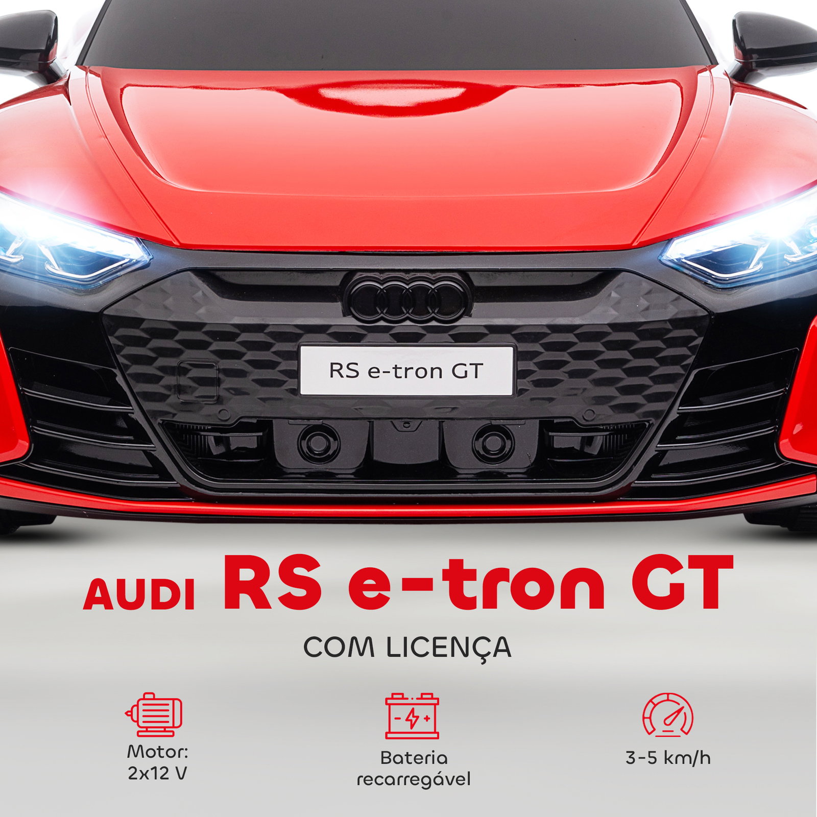 Carro elétrico audi rs e-tron gt 12v com 2 motores controlo remoto faróis LED buzina música USB 3-5km/h 103x58x41 cm vermelho