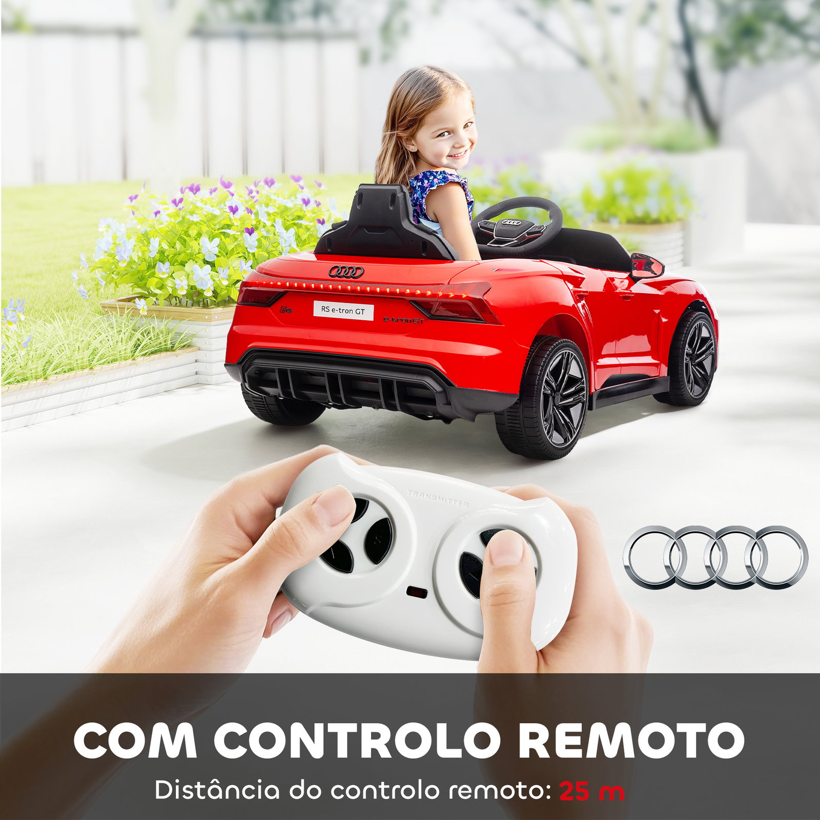 Carro elétrico audi rs e-tron gt 12v com 2 motores controlo remoto faróis LED buzina música USB 3-5km/h 103x58x41 cm vermelho