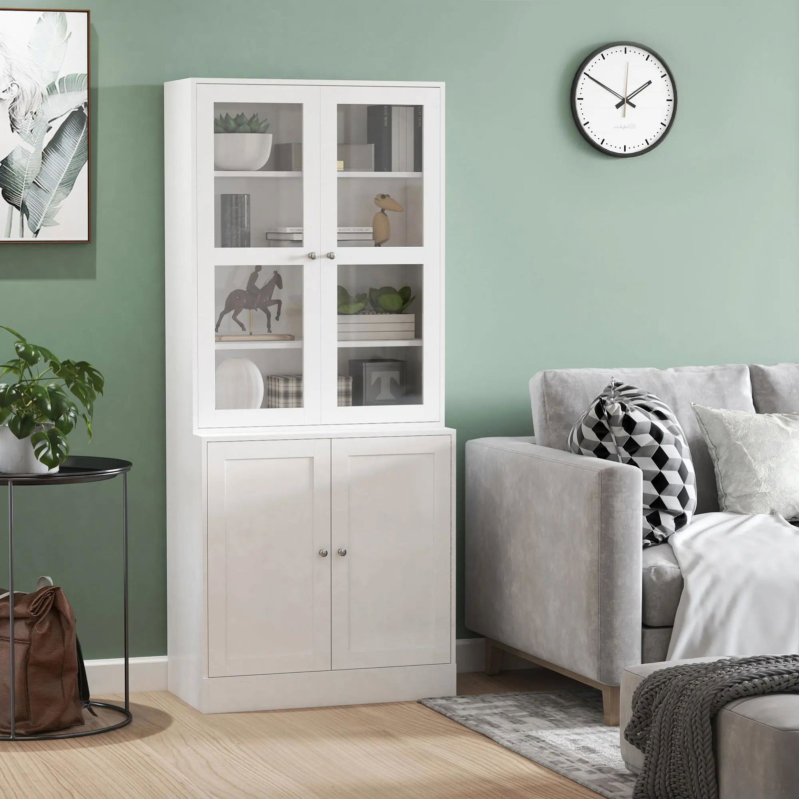 Vitrine para Sala de Estar Estante de Livros com 4 Portas e Prateleiras Superiores com Altura Ajustável Estilo Moderno Multiúso