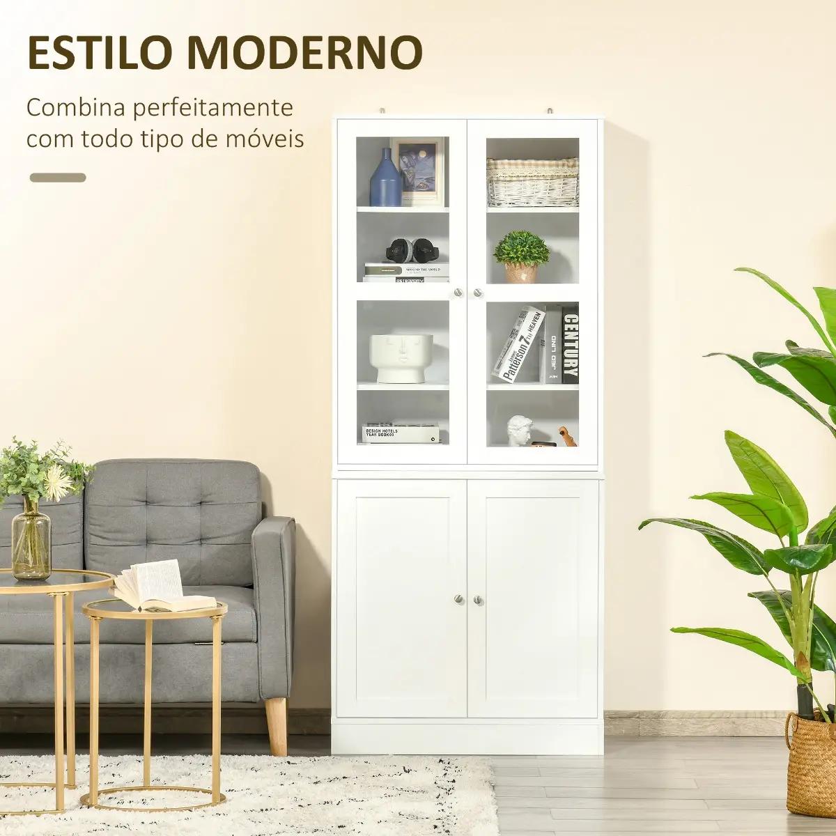 Vitrine para Sala de Estar Estante de Livros com 4 Portas e Prateleiras Superiores com Altura Ajustável Estilo Moderno Multiúso