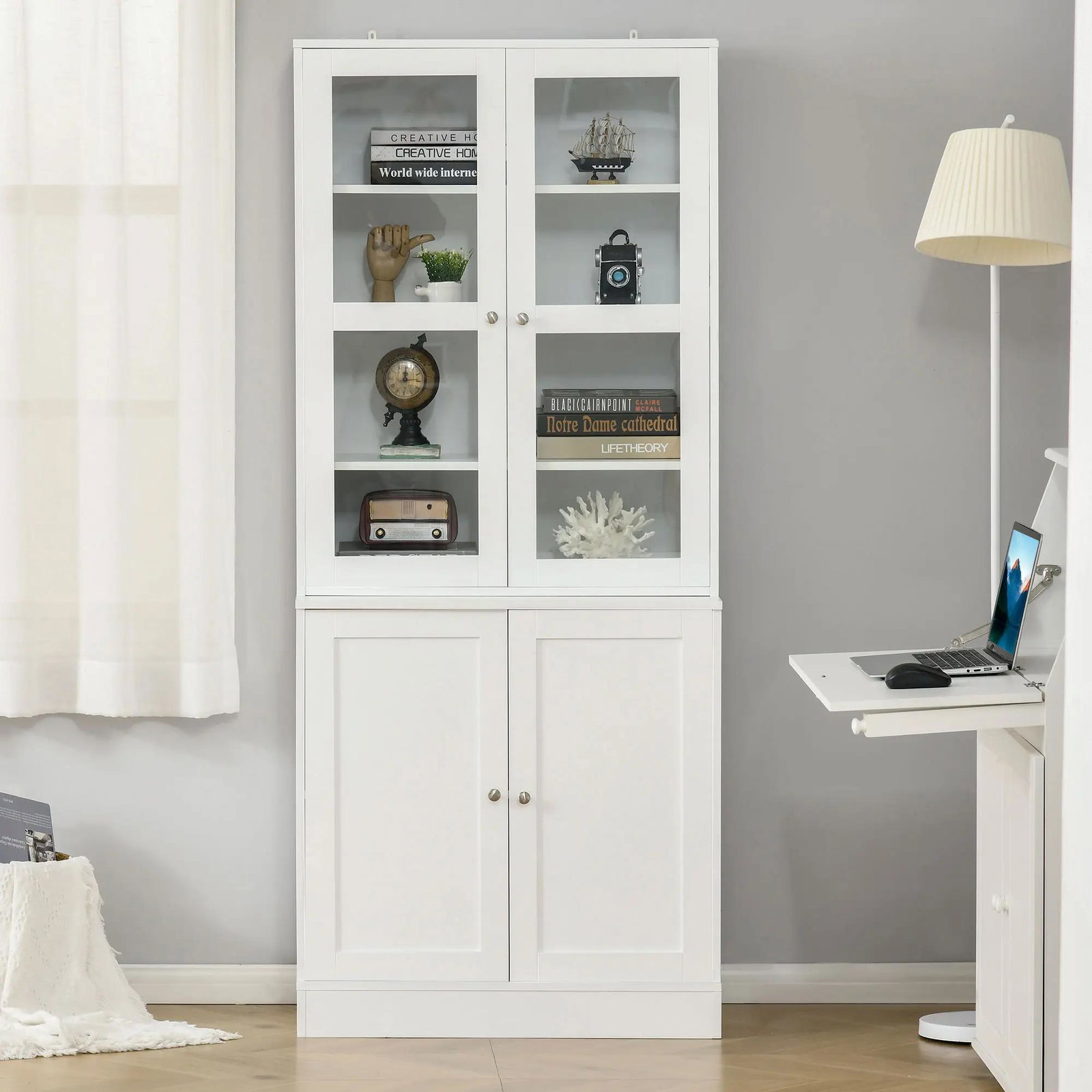 Vitrine para Sala de Estar Estante de Livros com 4 Portas e Prateleiras Superiores com Altura Ajustável Estilo Moderno Multiúso